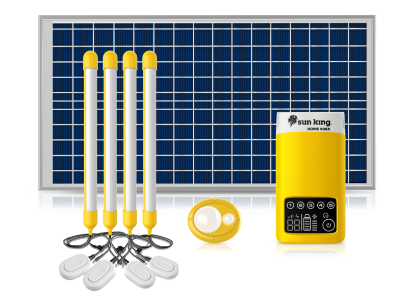 Image showing the Home 500X control unit, motion sensor light, ceiling strip lights, light switches, and solar panel.