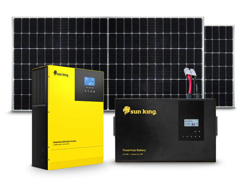 Image showing the inverter, battery and solar panel components of the PowerHub 3300.