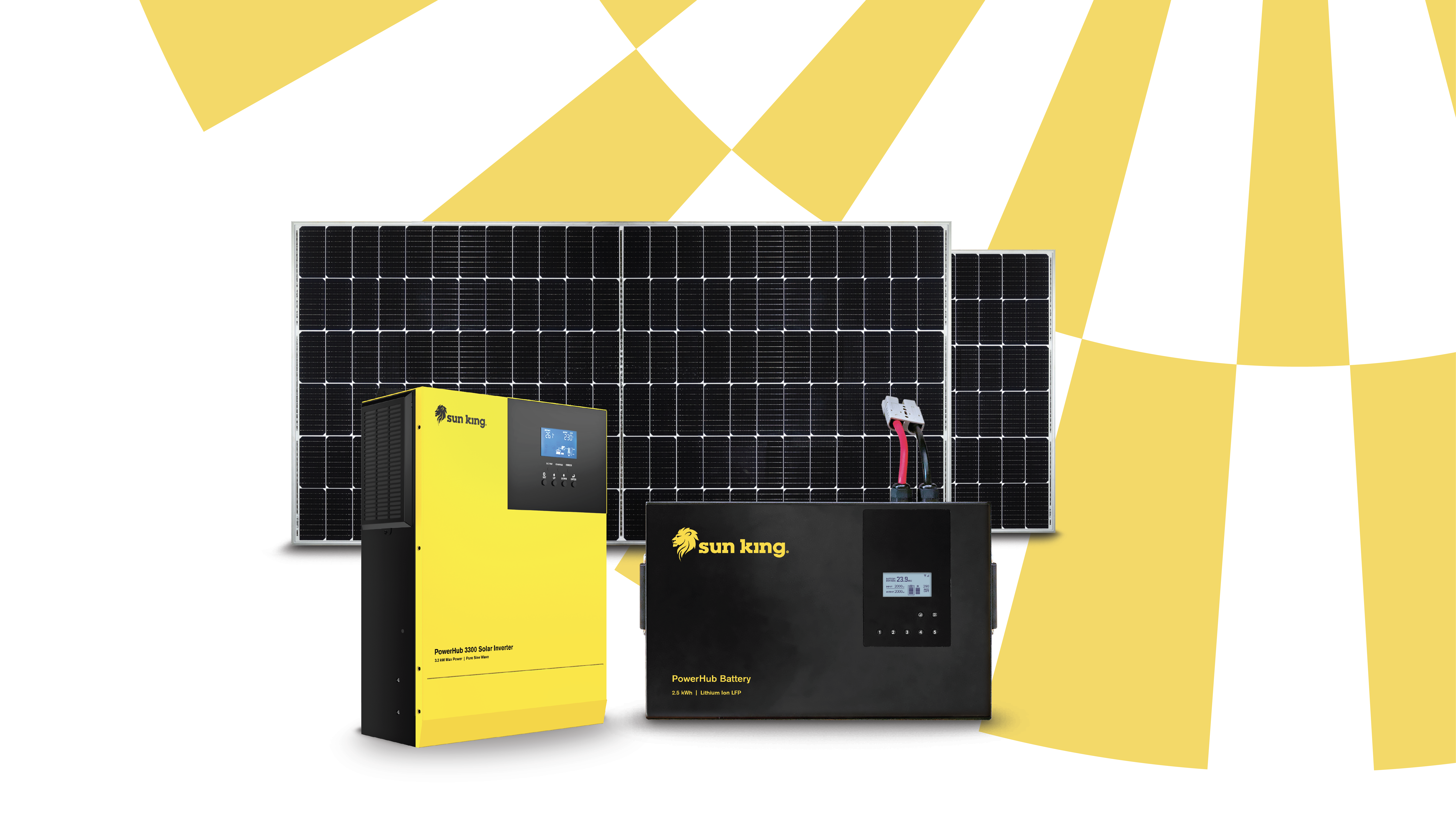 Banner showing the PowerHub 3300 inverter, battery, and solar panels sitting over a yellow radial motif.